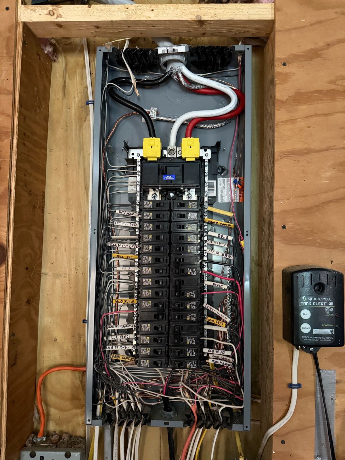 Breaker panel wired to the transfer switch for the standby generator