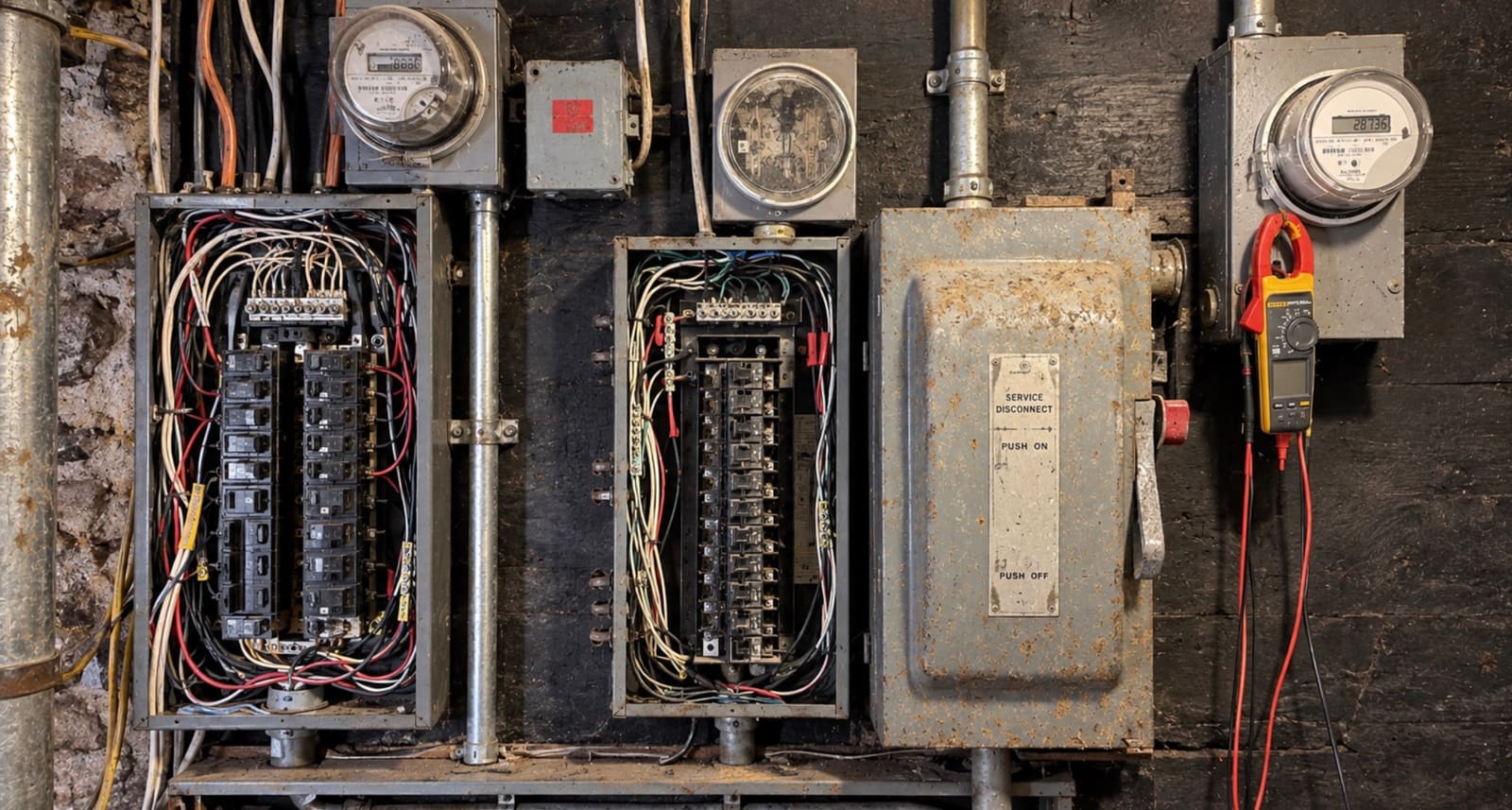 Two open electrical panels beside a fused service disconnect and utility meters on a basement wall