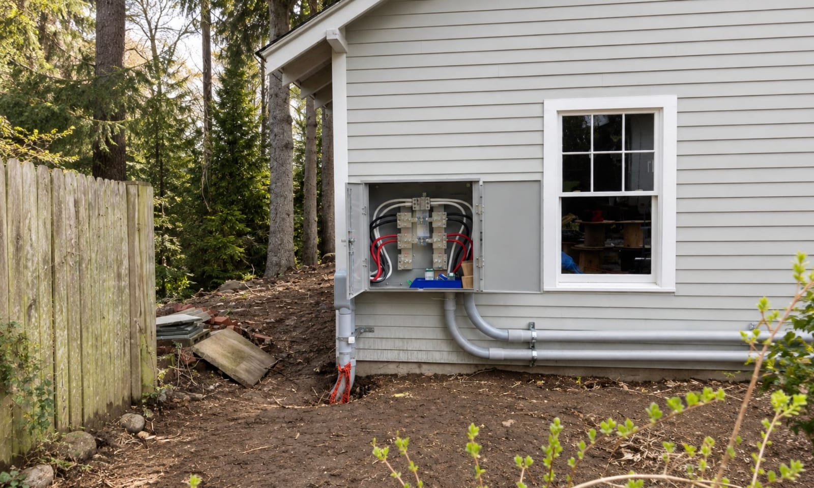 Open service entrance enclosure with tapped conductors and conduit runs on the side of a house