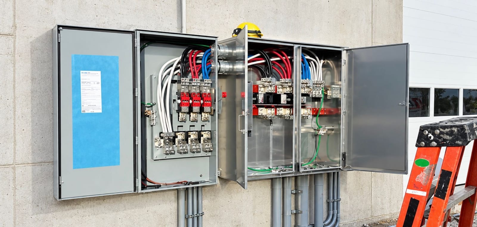 Three-phase service entrance being installed, with fused switch, metering and phase-colored conductors